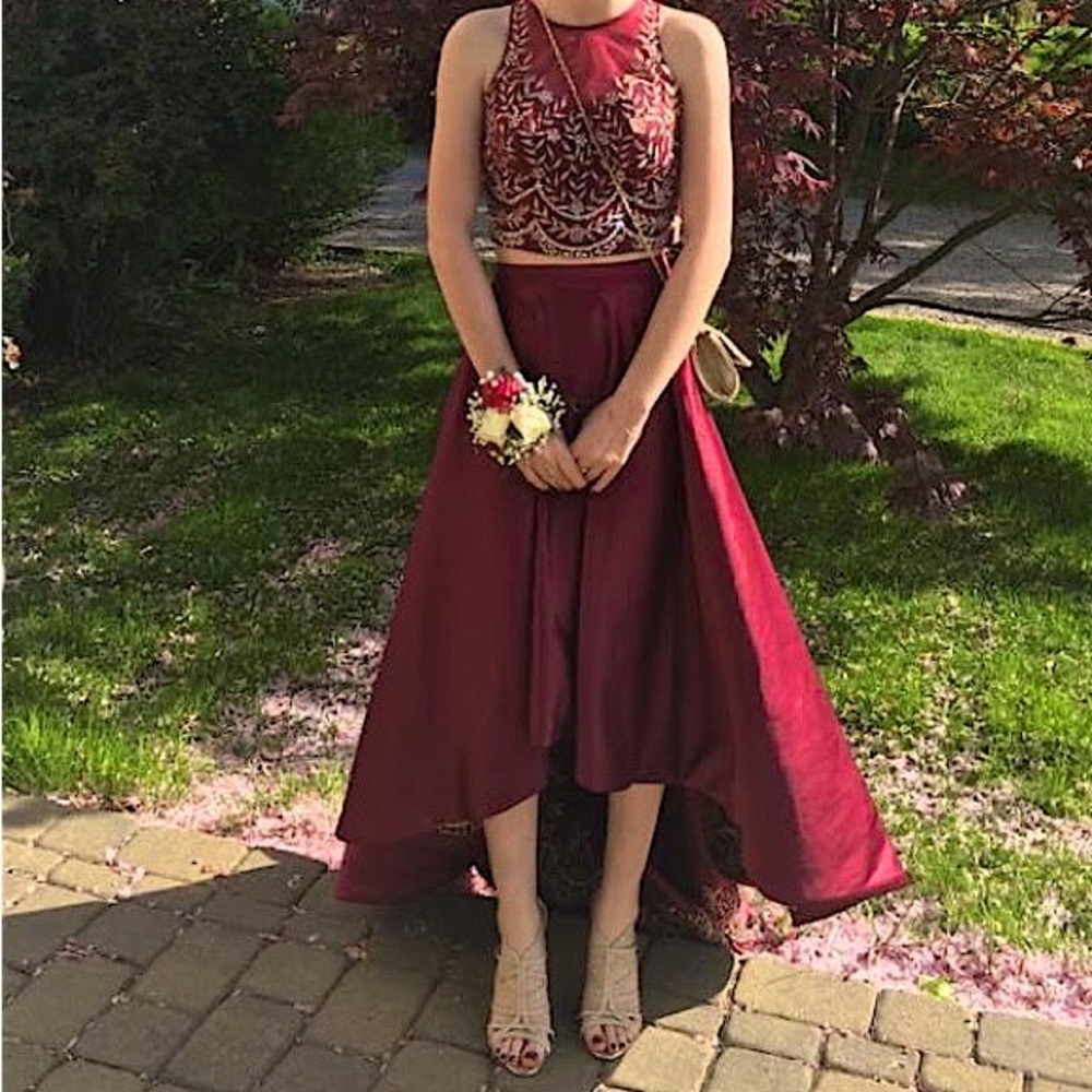 Formal Prom Two Piece Burgundy/Wine High Low Dress